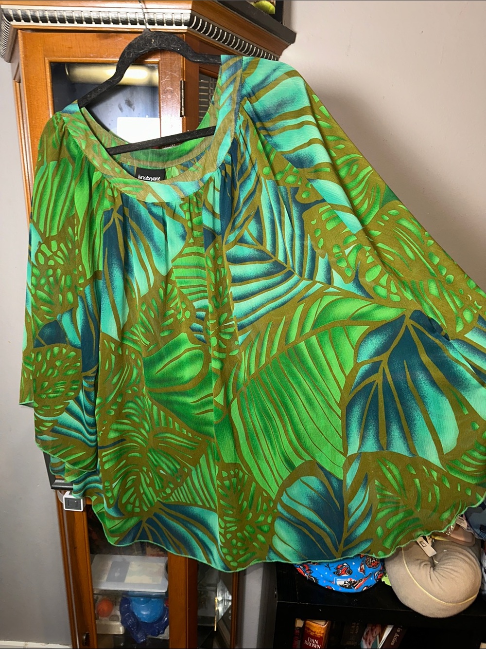 Lane Bryant Green & Teal Tropical Print Peasant Blouse View 2